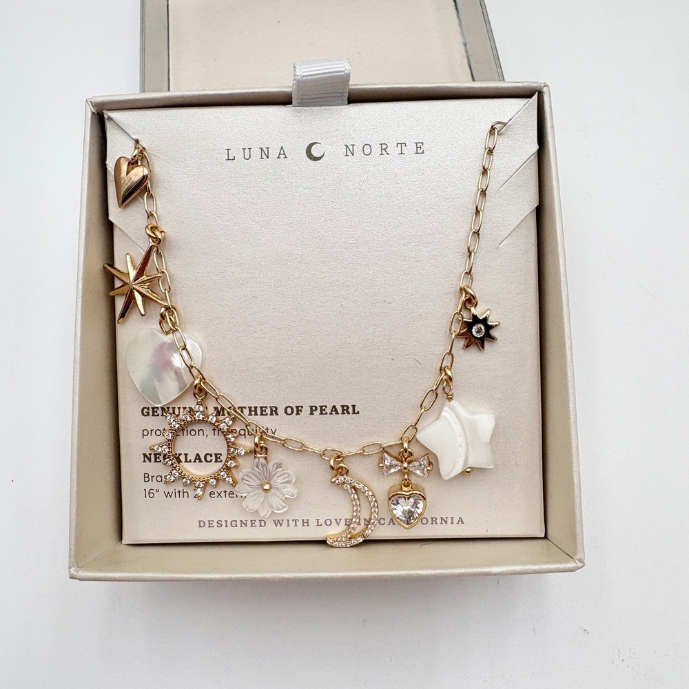 Luna‎ Norte Charm Necklace Genuine Mother of Pearl Brass 16" + 2"